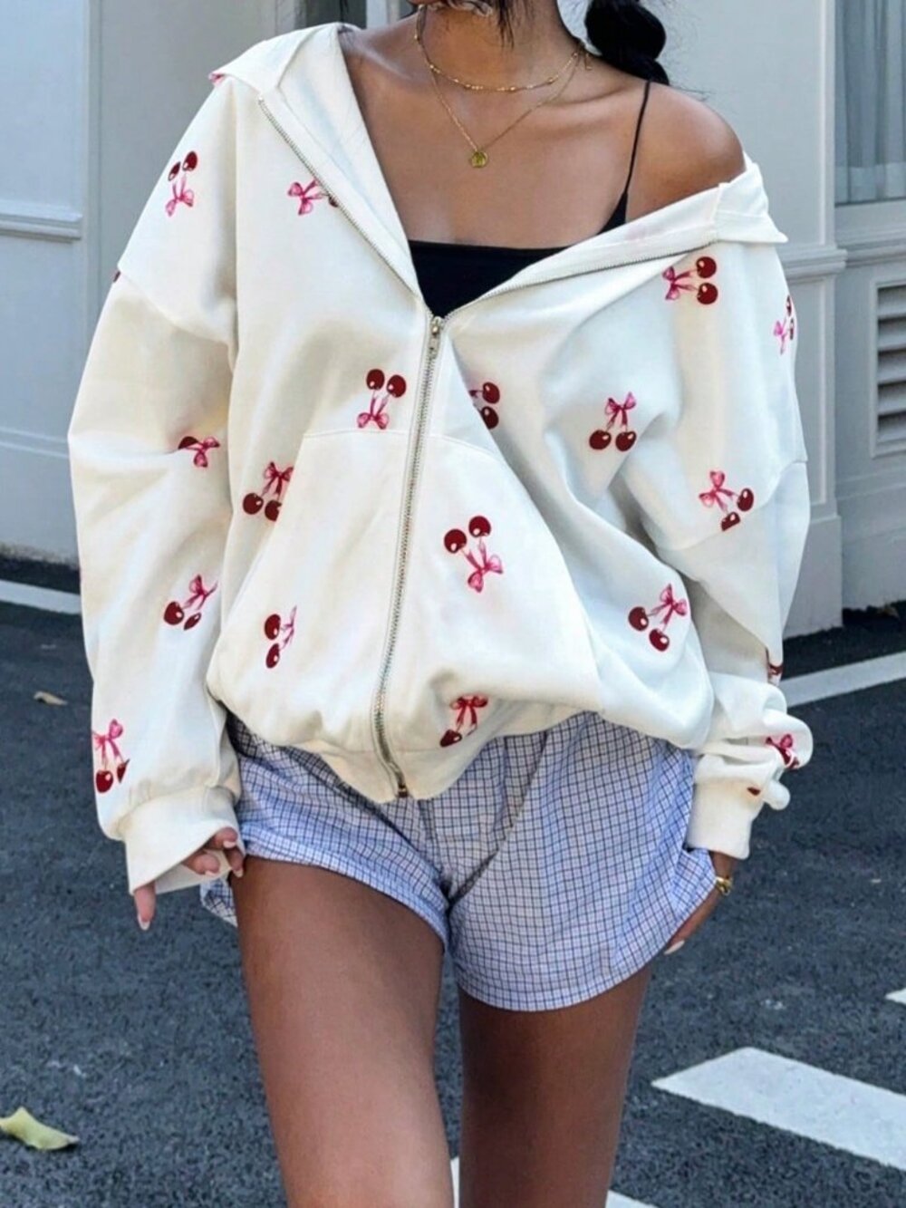 Casual Women's Cherry Print Dropped Shoulder Zip Front Hoodie